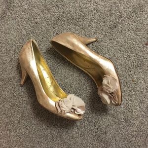 J crew gold heels with open toe and fabric detail size 9.5